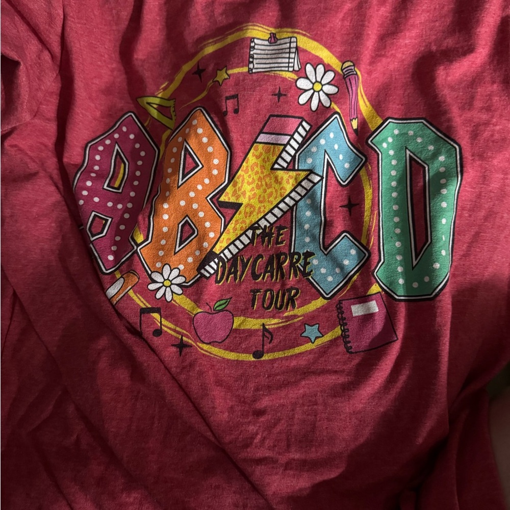 Gildan Pink Short Sleeve Tee with Multicolor Retro Tour Graphic